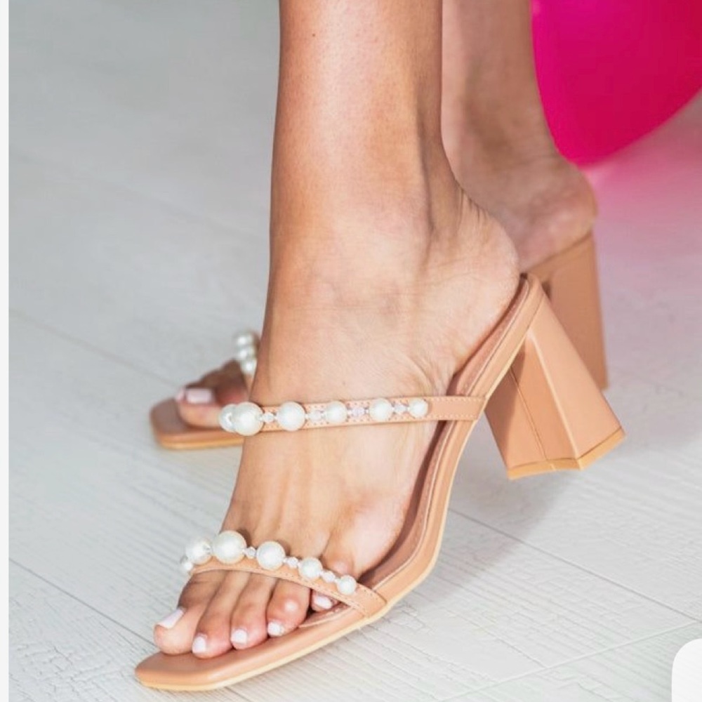 Pink Lily Tan Block Heels with Pearl Details